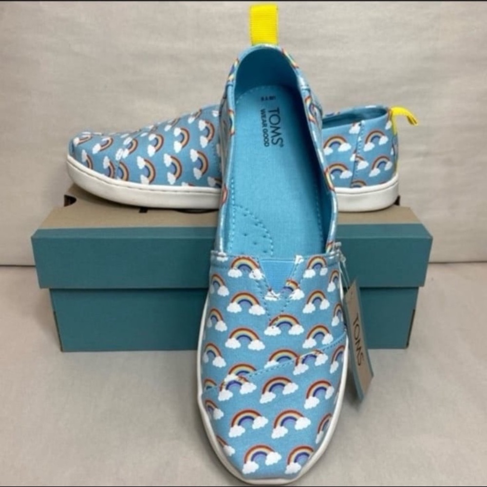 TOMS blue glow in the dark rainbow alpargata slip ons 6Y NEW